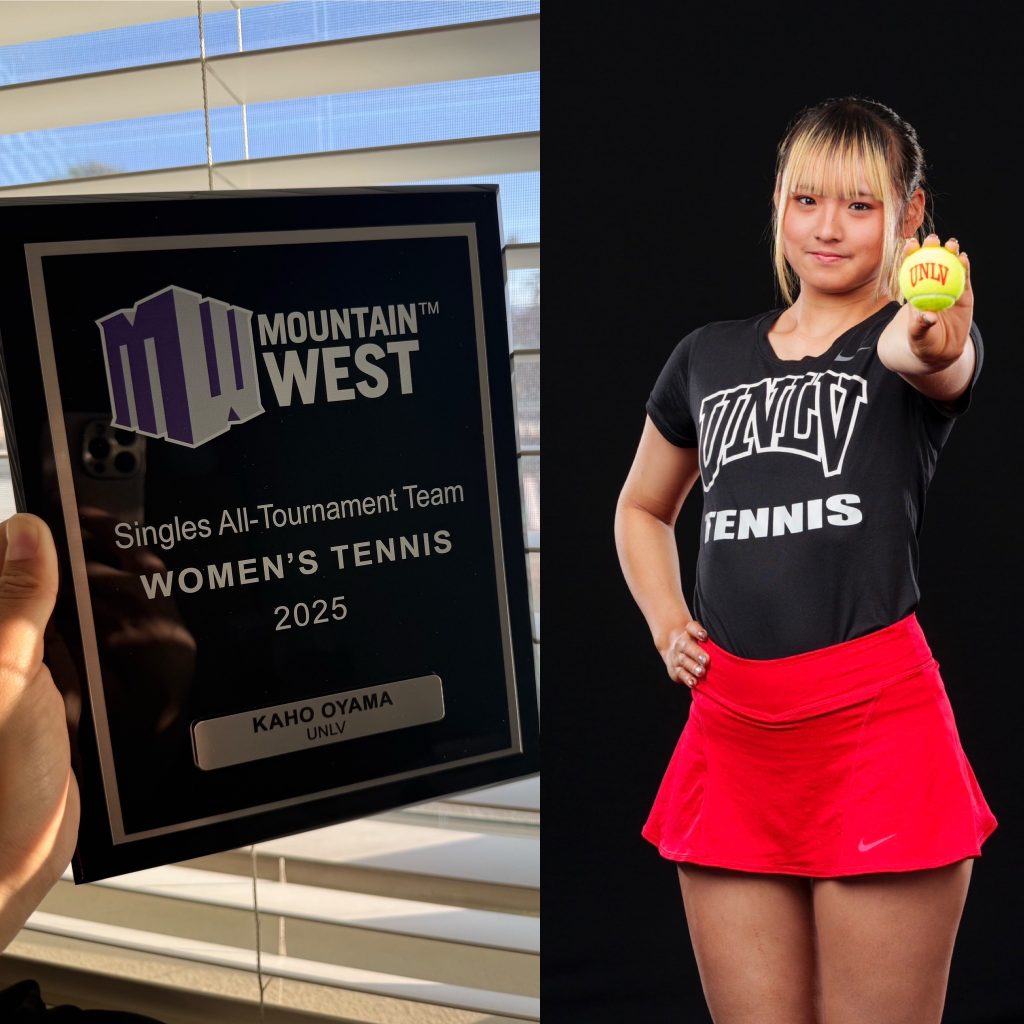 嬉しいお知らせ ネバダ大学ラスベガス校(UNLV)2年生の大山華歩さんが、所属するMountain WestカンファレンスでシングルスのAll-Tournament Teamに選出されました。
Kaho Oyama awarded as Mountain West Conf. All-Tournament Team !