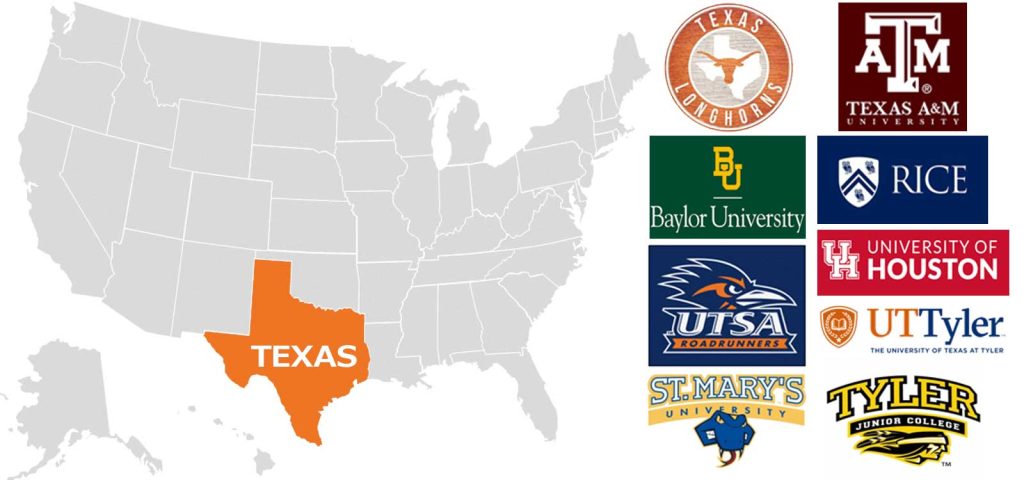 訪問予定大学（各校のコーチと相談中） (州立・私立 / NCAA Div.1, Div.2, Junior College)　　　
・University of Texas - Austin (NCAA D1)
・Texas A&M University (NCAA D1)
・Baylor University (NCAA D1)
・Rice University (NCAA D1)
・University of Texas - San Antonio (NCAA D1)
・University of Houston (NCAA D1)
・University of Texas - Tyler (NCAA D2)
・St. Mary’s University (NCAA D2)
・Tyler Junior College (Junior College) など（※訪問予定の大学は今後変更になる可能性があります）